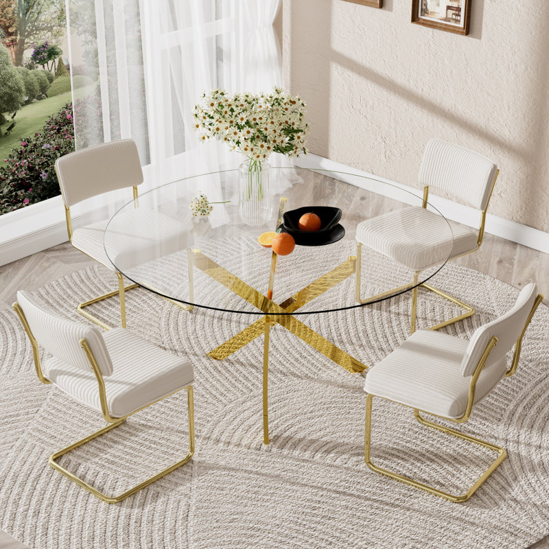 5 Piece Round Dining Set 47 inch Glass Dining Table and 4 Upholstered Dining Chair. Mercer41 Chair Color Beige